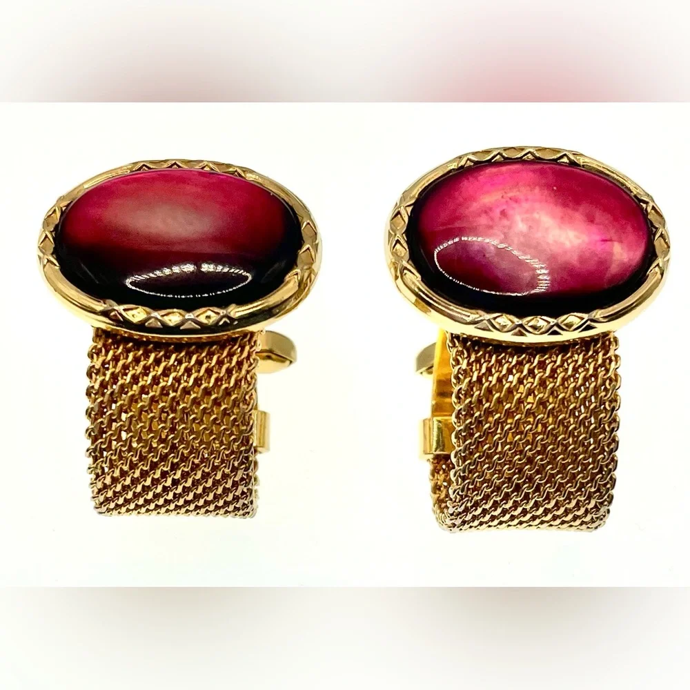 Vintage Gold Tone Mesh Wrap Around Cufflinks Red Cabochon Center
